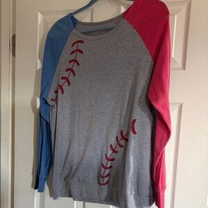 Gray Baseball Stitch Raglan Sweatshirt with Blue & Pink Sleeves